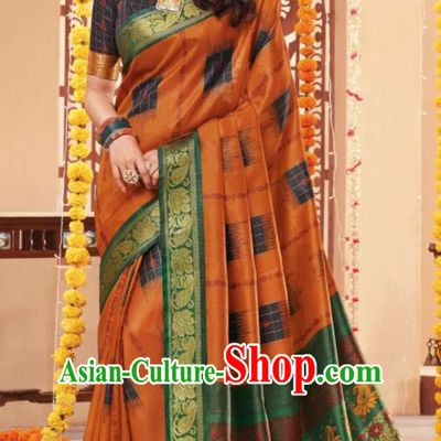 Asian Traditional Indian National Printing Orange Cotton Sari Dress India Lehenga Bollywood Costumes for Women