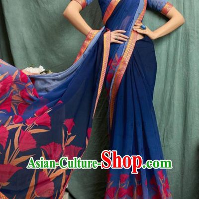 Asian Indian Bollywood Printing Royalblue Chiffon Sari Dress India Traditional Costumes for Women