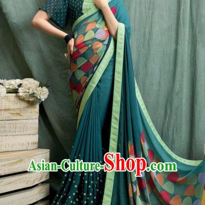 Asian Indian Bollywood Printing Green Chiffon Sari Dress India Traditional Costumes for Women