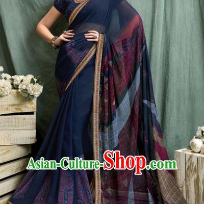 Asian Indian Bollywood Printing Navy Chiffon Sari Dress India Traditional Costumes for Women