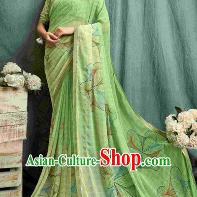 Asian Indian Bollywood Printing Light Green Chiffon Sari Dress India Traditional Costumes for Women