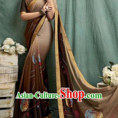 Asian Indian Bollywood Printing Deep Brown Chiffon Sari Dress India Traditional Costumes for Women