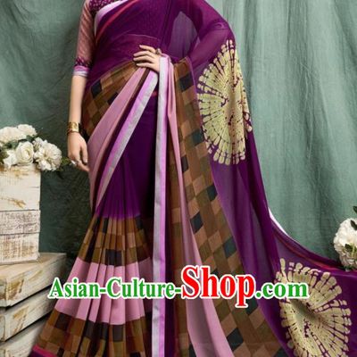 Asian Indian Bollywood Printing Purple Chiffon Sari Dress India Traditional Costumes for Women