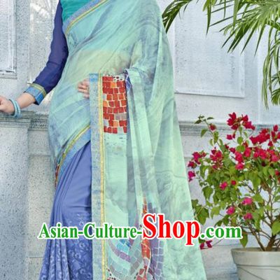 Asian Indian Bollywood Embroidered Light Green Chiffon Sari Dress India Traditional Costumes for Women