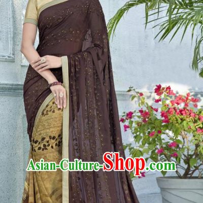 Asian Indian Bollywood Embroidered Brown Chiffon Sari Dress India Traditional Costumes for Women