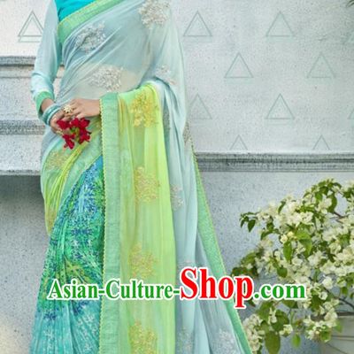 Asian Indian Bollywood Embroidered Light Blue Chiffon Sari Dress India Traditional Costumes for Women