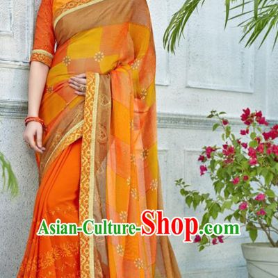Asian Indian Bollywood Embroidered Orange Chiffon Sari Dress India Traditional Costumes for Women