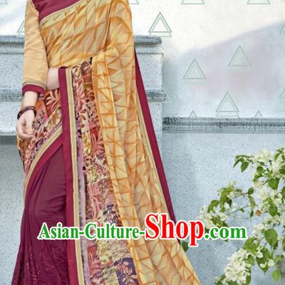 Asian Indian Bollywood Embroidered Wine Red Chiffon Sari Dress India Traditional Costumes for Women