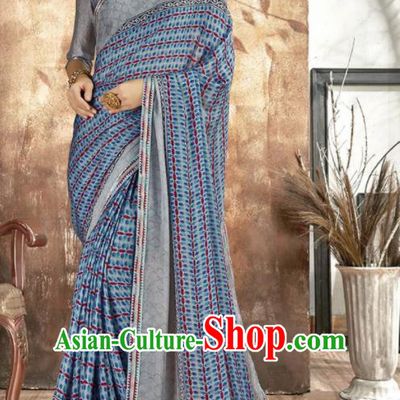 Asian Indian National Bollywood Printing Blue Chiffon Sari Dress India Traditional Costumes for Women