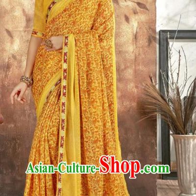 Asian Indian National Bollywood Printing Yellow Chiffon Sari Dress India Traditional Costumes for Women