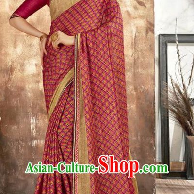 Asian Indian National Bollywood Printing Wine Red Chiffon Sari Dress India Traditional Costumes for Women