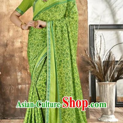 Asian Indian National Bollywood Printing Green Chiffon Sari Dress India Traditional Costumes for Women