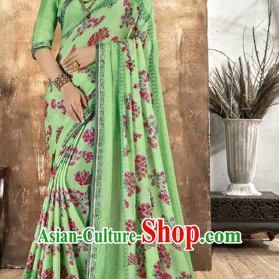 Asian Indian National Bollywood Printing Light Green Chiffon Sari Dress India Traditional Costumes for Women