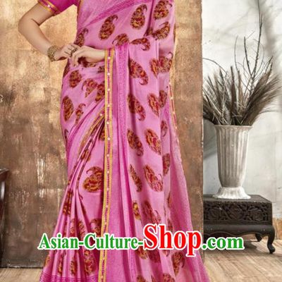 Asian Indian National Bollywood Printing Pink Chiffon Sari Dress India Traditional Costumes for Women