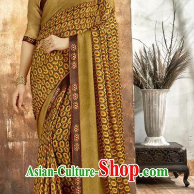 Asian Indian National Bollywood Printing Khaki Chiffon Sari Dress India Traditional Costumes for Women
