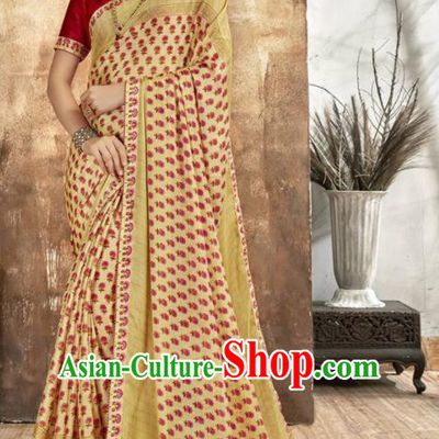 Asian Indian National Bollywood Printing Yellow Chiffon Sari Dress India Traditional Costumes for Women