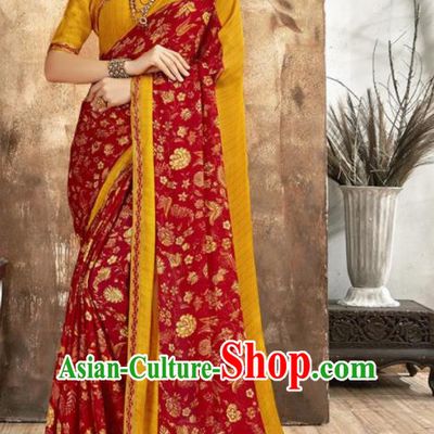 Asian Indian National Bollywood Printing Red Chiffon Sari Dress India Traditional Costumes for Women