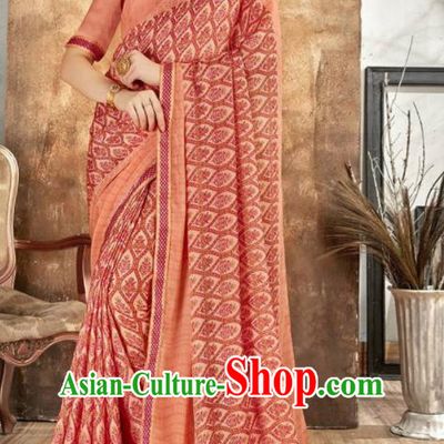 Asian Indian National Bollywood Printing Pink Chiffon Sari Dress India Traditional Costumes for Women