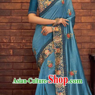 Asian Indian Court Blue Silk Embroidered Sari Dress India Traditional Bollywood Costumes for Women