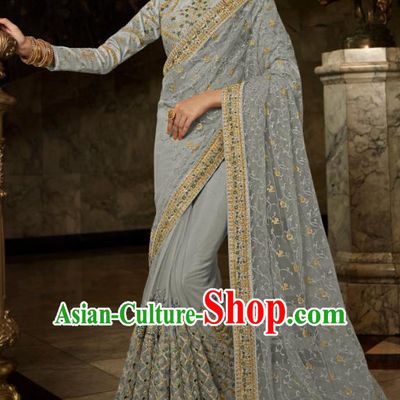 Asian Traditional Indian Court Embroidered Light Grey Silk Sari Dress India National Festival Bollywood Costumes for Women