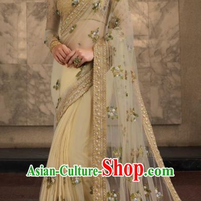 Asian Traditional Indian Court Embroidered Beige Silk Sari Dress India National Festival Bollywood Costumes for Women