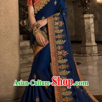 Asian Traditional Indian Court Embroidered Royalblue Silk Sari Dress India National Festival Bollywood Costumes for Women