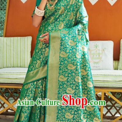 Asian Traditional Indian Court Queen Green Silk Sari Dress India National Festival Bollywood Costumes for Women