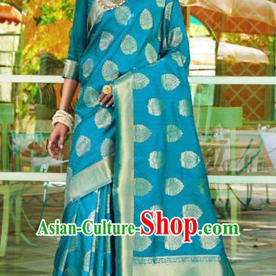 Asian Traditional Indian Court Queen Blue Silk Sari Dress India National Festival Bollywood Costumes for Women