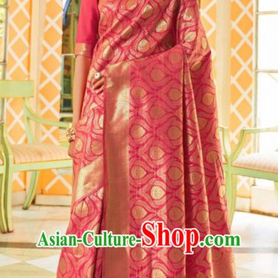 Asian Traditional Indian Court Queen Pink Silk Sari Dress India National Festival Bollywood Costumes for Women