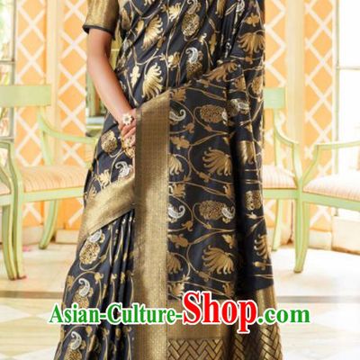Asian Traditional Indian Court Queen Black Silk Sari Dress India National Festival Bollywood Costumes for Women
