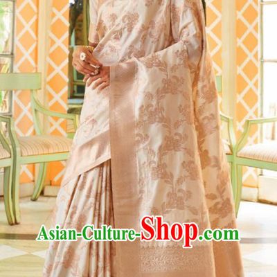 Asian Traditional Indian Court Queen Champagne Silk Sari Dress India National Festival Bollywood Costumes for Women