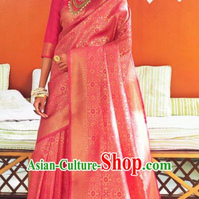 Asian Traditional Indian Court Queen Peach Pink Silk Sari Dress India National Festival Bollywood Costumes for Women