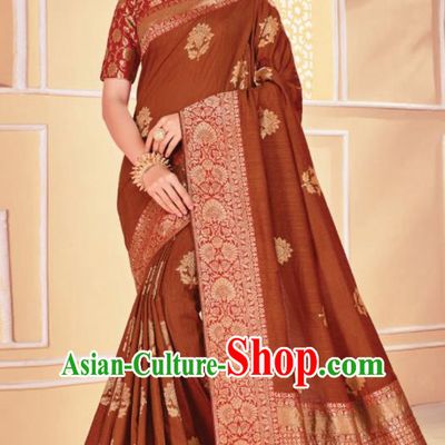 Asian Traditional Indian Brown Art Silk Sari Dress India National Festival Bollywood Costumes for Women