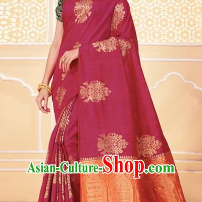 Asian Traditional Indian Rosy Art Silk Sari Dress India National Festival Bollywood Costumes for Women