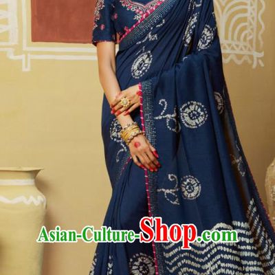 Traditional Indian Navy Georgette Sari Dress Asian India National Festival Bollywood Costumes for Women