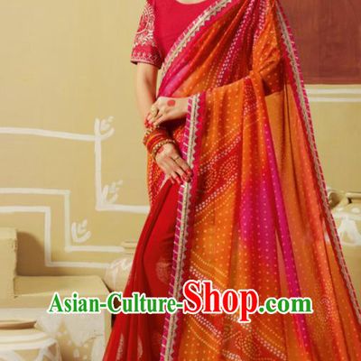 Traditional Indian Red Georgette Sari Dress Asian India National Festival Bollywood Costumes for Women