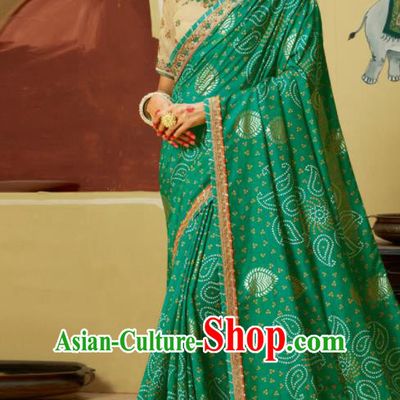 Traditional Indian Green Georgette Sari Dress Asian India National Festival Bollywood Costumes for Women
