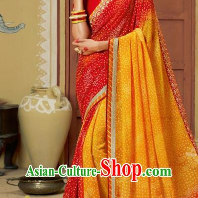 Traditional Indian Red Georgette Sari Dress Asian India National Festival Bollywood Costumes for Women