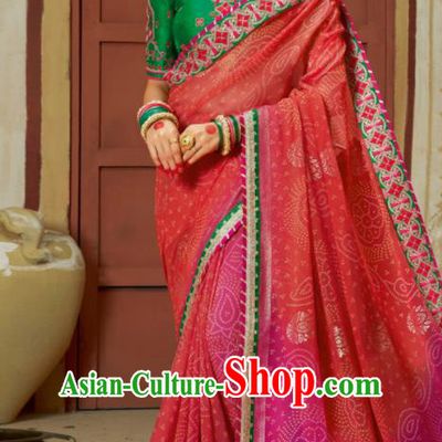 Traditional Indian Watermelon Red Georgette Sari Dress Asian India National Festival Bollywood Costumes for Women