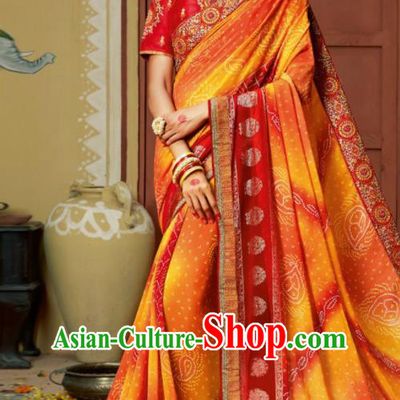 Traditional Indian Saffron Georgette Sari Dress Asian India National Festival Bollywood Costumes for Women