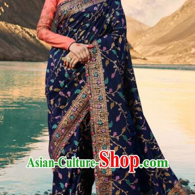 Traditional Indian Navy Silk Sari Dress Asian India National Festival Bollywood Costumes for Women