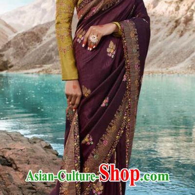 Traditional Indian Purple Silk Sari Dress Asian India National Festival Bollywood Costumes for Women