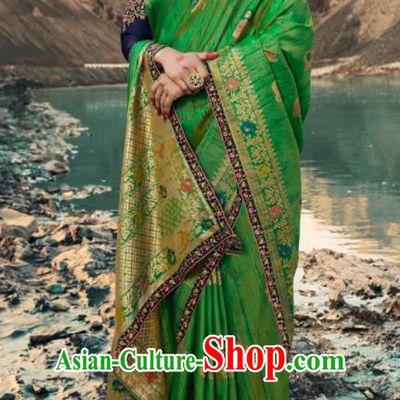 Traditional Indian Green Silk Sari Dress Asian India National Festival Bollywood Costumes for Women