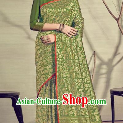 Traditional Indian Patrician Green Silk Sari Dress Asian India National Festival Bollywood Costumes for Women