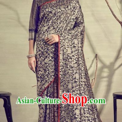 Traditional Indian Patrician Black Silk Sari Dress Asian India National Festival Bollywood Costumes for Women