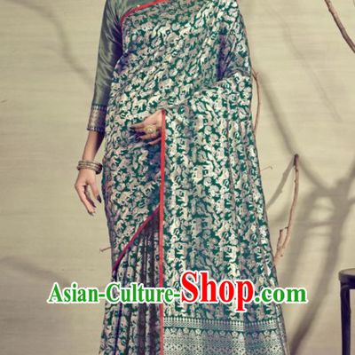 Traditional Indian Patrician Green Silk Sari Dress Asian India National Festival Bollywood Costumes for Women