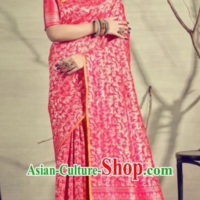 Traditional Indian Patrician Pink Silk Sari Dress Asian India National Festival Bollywood Costumes for Women