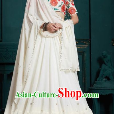 Indian Traditional Lehenga Embroidered White Dress Asian India National Festival Costumes for Women