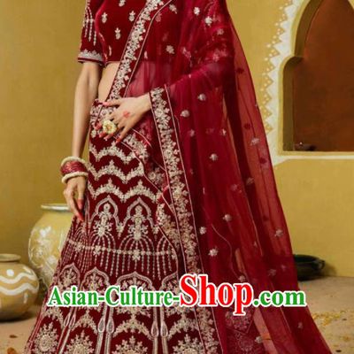 Indian Traditional Wedding Lehenga Embroidered Wine Red Velvet Dress Asian India National Festival Costumes for Women