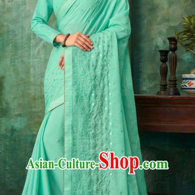 Indian Traditional Wedding Embroidered Green Sari Dress Asian India National Festival Costumes for Women